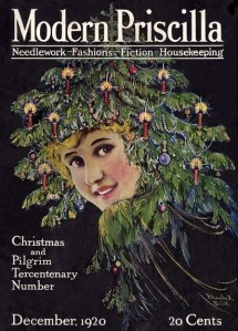 Blanche K. Brink Modern Priscilla cover, December 1920, woman's face in Christmas tree.