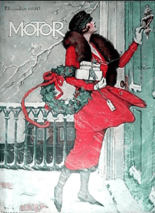 Motor magazine cover, December 1920, woman at door with gifts.
