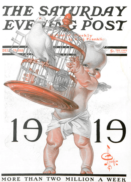 J.C. Leyendecker New Years 1919 cover, baby letting doves out of cage.
