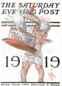 J.C. Leyendecker New Years 1919 cover, baby letting doves out of cage.