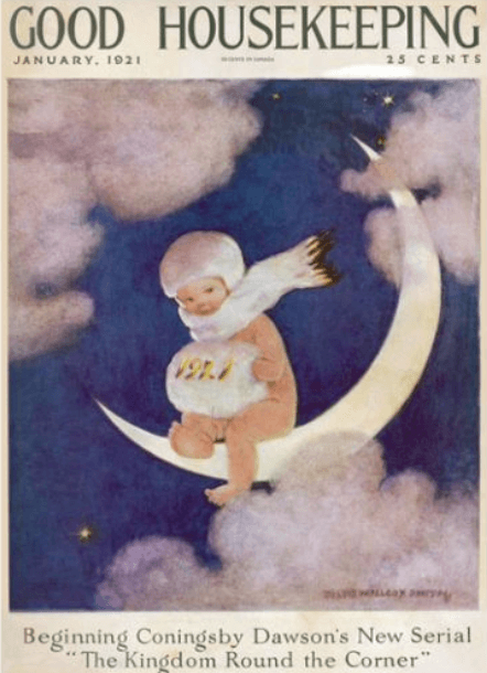 Good Housekeeping Jessie Willcox Smith cover, January 1921, child on moon.