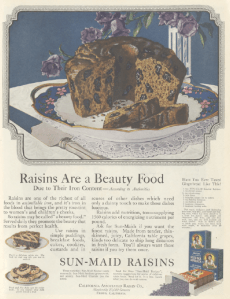 Sun-Maid raisins ad, Ladies' Home Journal, January 1921, raisins are a beauty food.