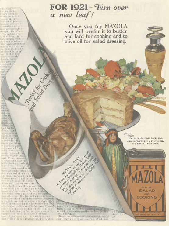 Mazola oil ad, Ladies' Home Journal, January 1921, curling page.