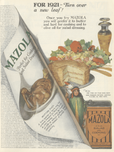 Mazola oil ad, Ladies' Home Journal, January 1921, curling page.