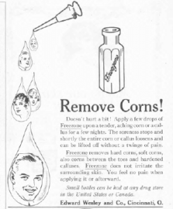Corn remover ad, Ladies' Home Journal, January 1921, faces in drops.