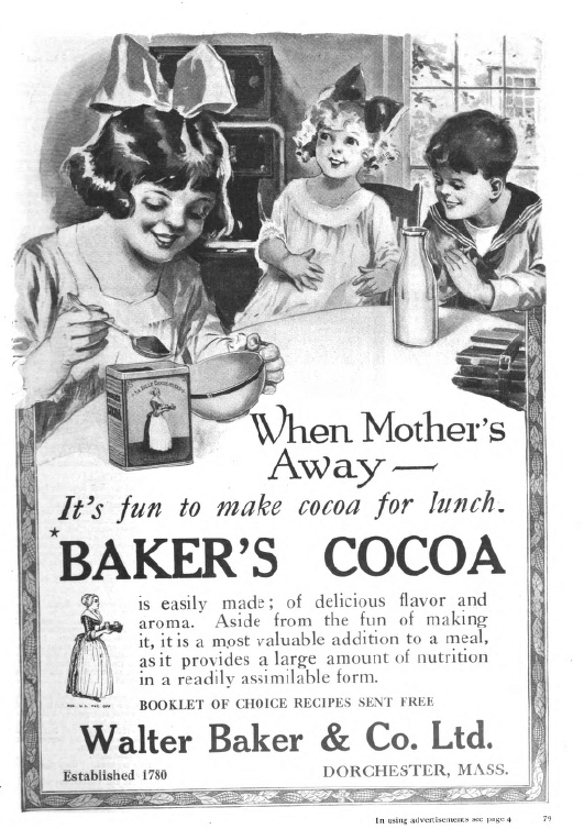 Baker's cocoa ad, Good Housekeeping, January 1921, children making cocoa.
