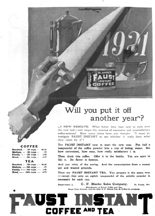 Faust instant coffee and tea ad, Good Housekeeping, January 1921, curling page.
