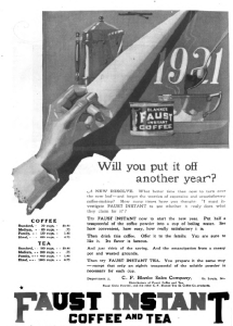Faust instant coffee and tea ad, Good Housekeeping, January 1921, curling page.