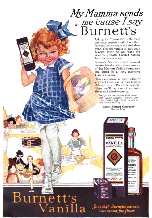 Burnett's vanilla ad, Good Housekeeping, January 1921, girl holding vanilla.