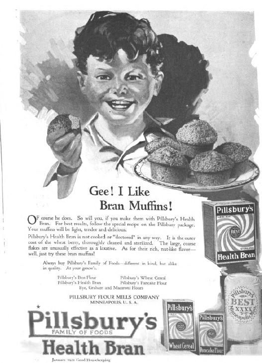 Pillsbury's ad, Good Housekeeping, January 1921, gee I like bran muffins.