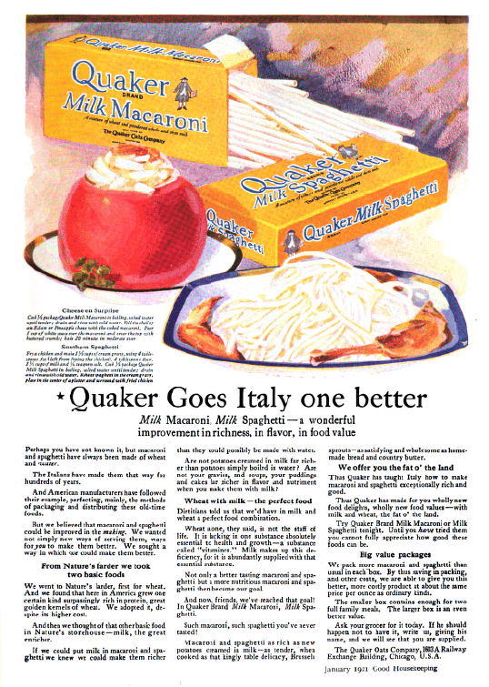 Good Housekeeping Quaker macaroni ad, January 1921.
