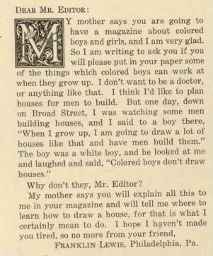 Letter to editor, The Brownies' Book, January 1920.