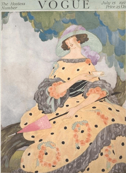 Rita Senger Vogue cover, July 15, 1917, woman drinking tea under tree.