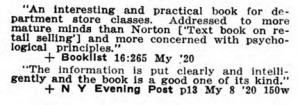 Reviews of Elements of Retail Salesmanship in Book Review Digest, 1920.