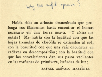 Al Que Quiere by William Carlos Williams, with handwritten note "Why the awful Spanish?"
