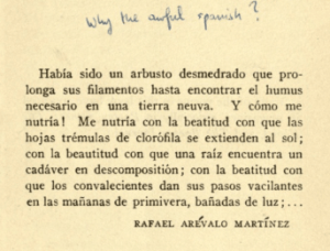 Al Que Quiere by William Carlos Williams, with handwritten note "Why the awful Spanish?"