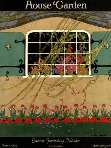 Henry George Brandt June 1021 House & Garden cover, window of cottage with flowers.