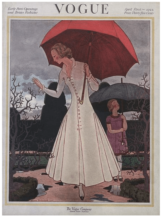 Pierre Brissaud Vogue cover, April 1, 1922, woman and girl under umbrellas.