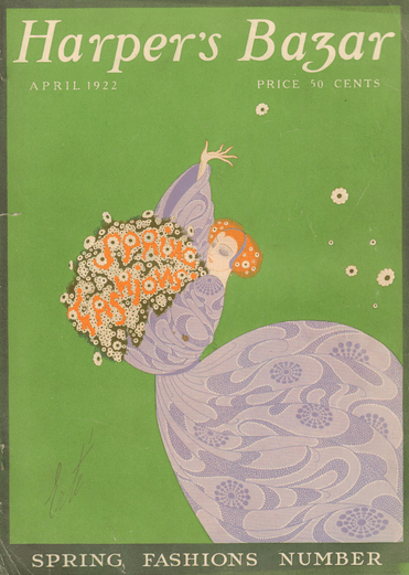 Erte Harpers' Bazar April 1922 cover, woman strewing flowers.