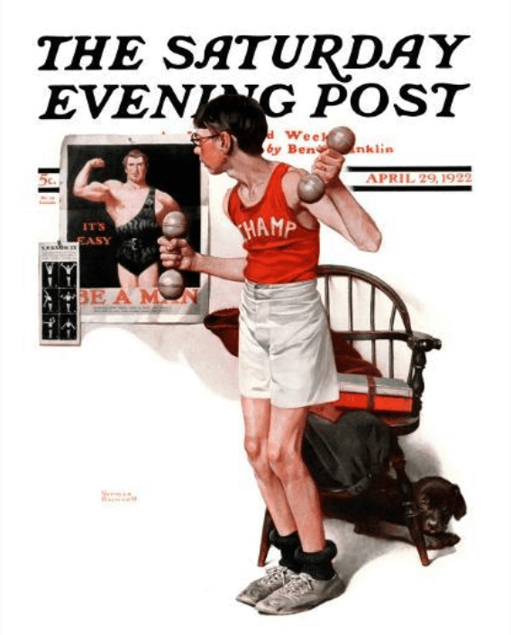 Norman Rockwell April 29, 1922 Saturday Evening Post cover, skinny boy lifting weights with poster of muscleman.