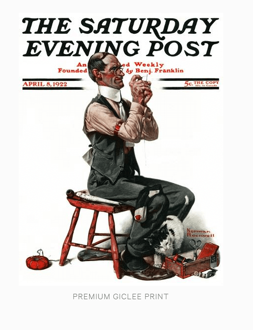 Norman Rockwell April 8, 1922 Saturday Evening Post cover, man threading needle.