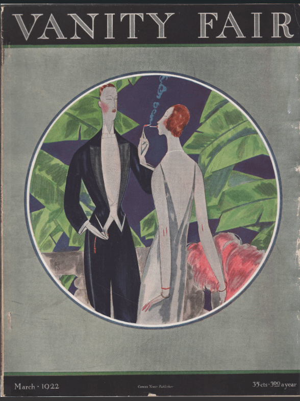 Eduardo Gracia Benito Vanity Fair cover, March 1922, man lighting cigarette for woman in front of foliage, Art Deco style.