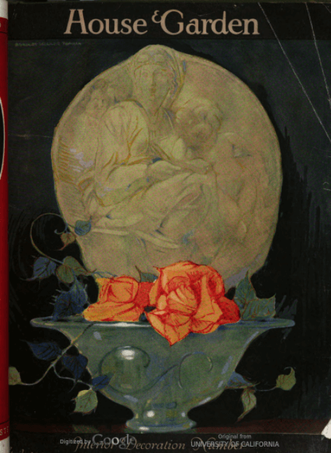 B.W. Tomlin House & Garden April 1922 cover, flowers in front of bas relief.