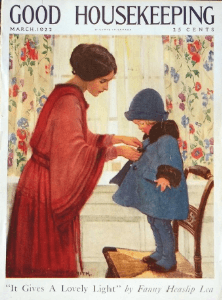 Jessie Willcox Smith March 1922 Good Housekeeping cover, mother putting coat on child.