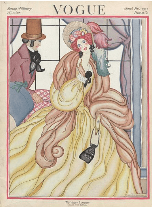 Helen Dryden Vogue cover, March 1, 1922, woman in long dress and flowery hat with whiskered man in top hat.