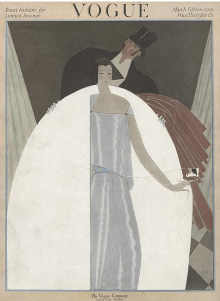 Georges Lepape Vogue cover, March 15, 1922, man putting fur coat on woman, Art Deco style.