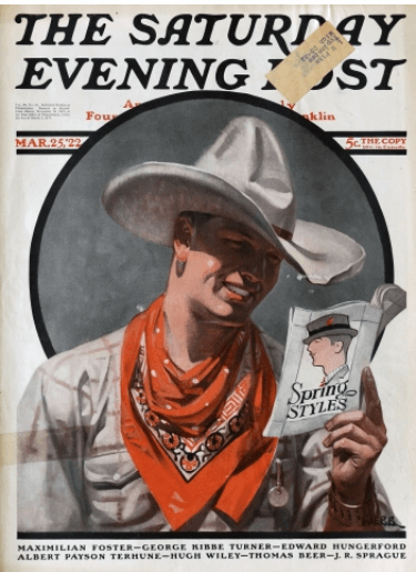 Tom Webb March 25, 1922 Saturday Evening Post cover, cowboy looking at Spring Styles ad.