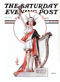 J.C. Leyendecker March 15, 1922 Saturday Evening Post cover, girl dressed as Statue of Liberty with harp, Ireland independence.