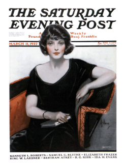 Neysa McMein March 11, 1922 Saturday Evening Post cover, woman in black dress sitting in chair.