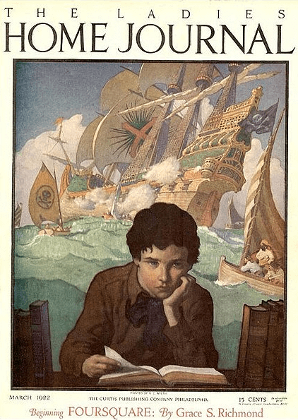 N.C. Wyeth Ladies' Home Journal March 1922 cover, boy reading book with picture of daydream of pirates.