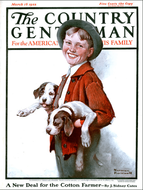 Norman Rockwell Country Gentleman cover, March 18, 1922, smiling boy holding two dogs.