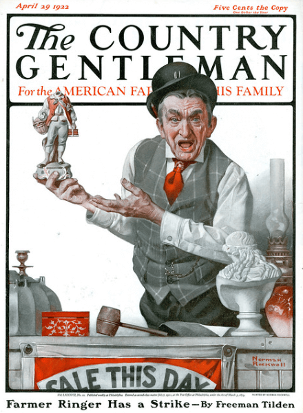 Norman Rockwell Country Gentleman cover, April 29, 1922, auctioneer holding headless figure.