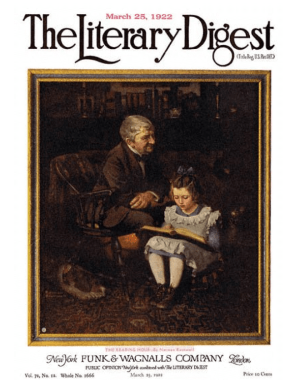 Norman Rockwell Literary Digest cover, March 25, 1922, man with girl reading book.