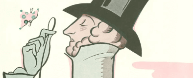 New Yorker first issue cover Eustace Tilley, man in top hat with magnifying glass looking at butterly