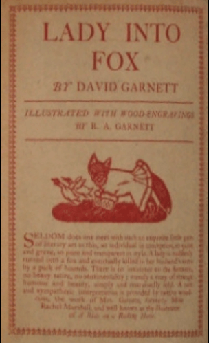Cover, Lady into Fox by David Garnett. Woodcut of a fox.