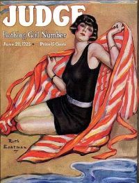 Judge magazine cover, June 20, 1925, woman in bathing suit holding striped towel.
