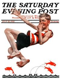 Saturday Evening Post cover, boy jumping into water, Elberg McGran Jackson, July 24, 1925.