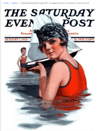 Saturday Evening Post cover, Charles McLellan, August 1, 1925, woman with boat with boy in background.