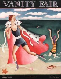 Vanity Fair, July 1925, Miguel Covarrubias, woman in red cape at beach.