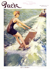 Puck cover, Harry Morse Meyers, July 18, 1915, woman in bathing suit on board being towed by boat.